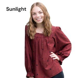 Lauren Conrad Women SZ M Square Neck Embroidered Long Sleeve Blouse Maroon